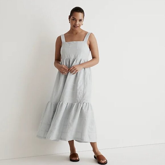 Madewell Cicely Tiered Midi Dress - Blue and White Patchwork - Picture 1 of 10